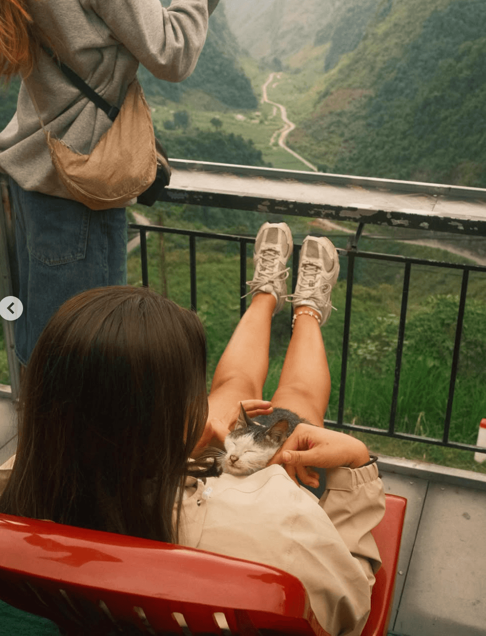 A traveler relaxing on a red chair with a sleeping cat on her lap, looking out from a balcony over a deep green valley and a winding mountain road on the Ha Giang Loop.