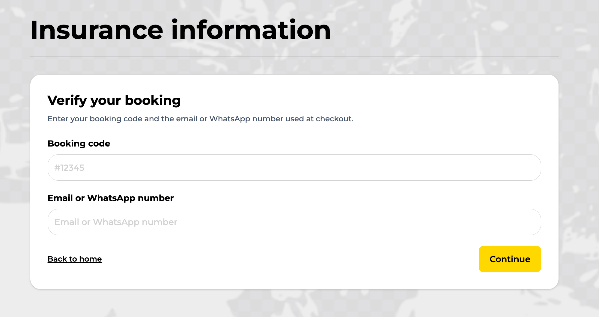 A screenshot of the Ha Giang Motorventures website insurance information page, displaying a "Verify your booking" form with input fields for a booking code and an email or WhatsApp number.